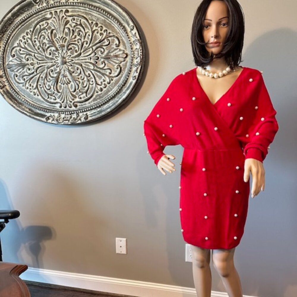 IMMODEL RED MINI KNIT X NECKLINE DRESS WITH PEARLS W/DOLMAN SLEEVES - SZ L